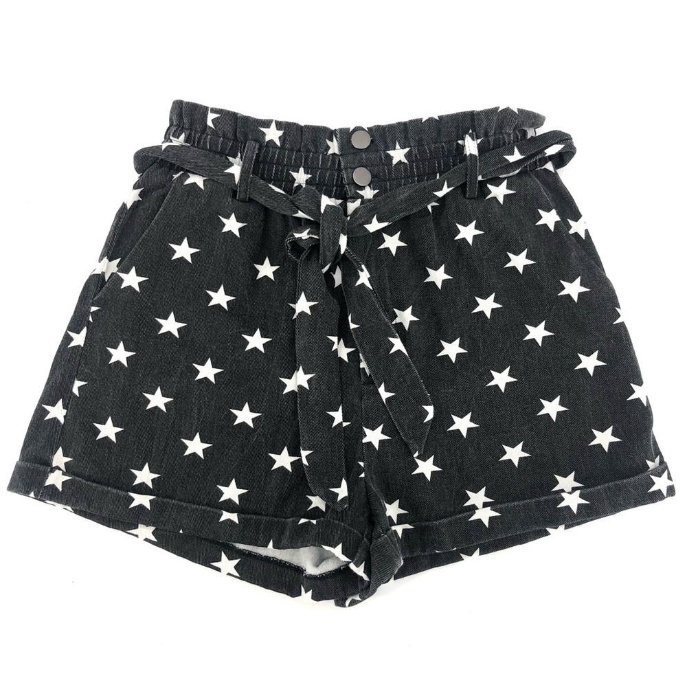 Le Lis High Rise Paper Bag Waist Belted Star Print Shorts Black White Medium